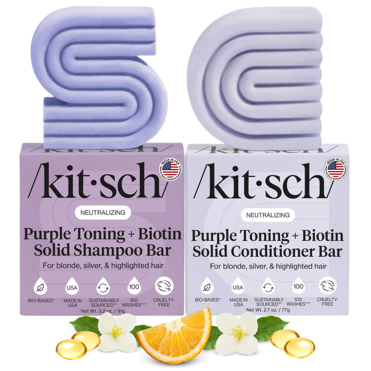 Kitsch front packaging of purple toning bar set showing eco benefits