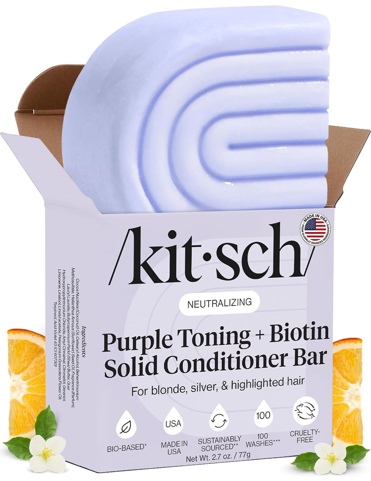 Kitsch front packaging showing purple conditioner bar and benefits