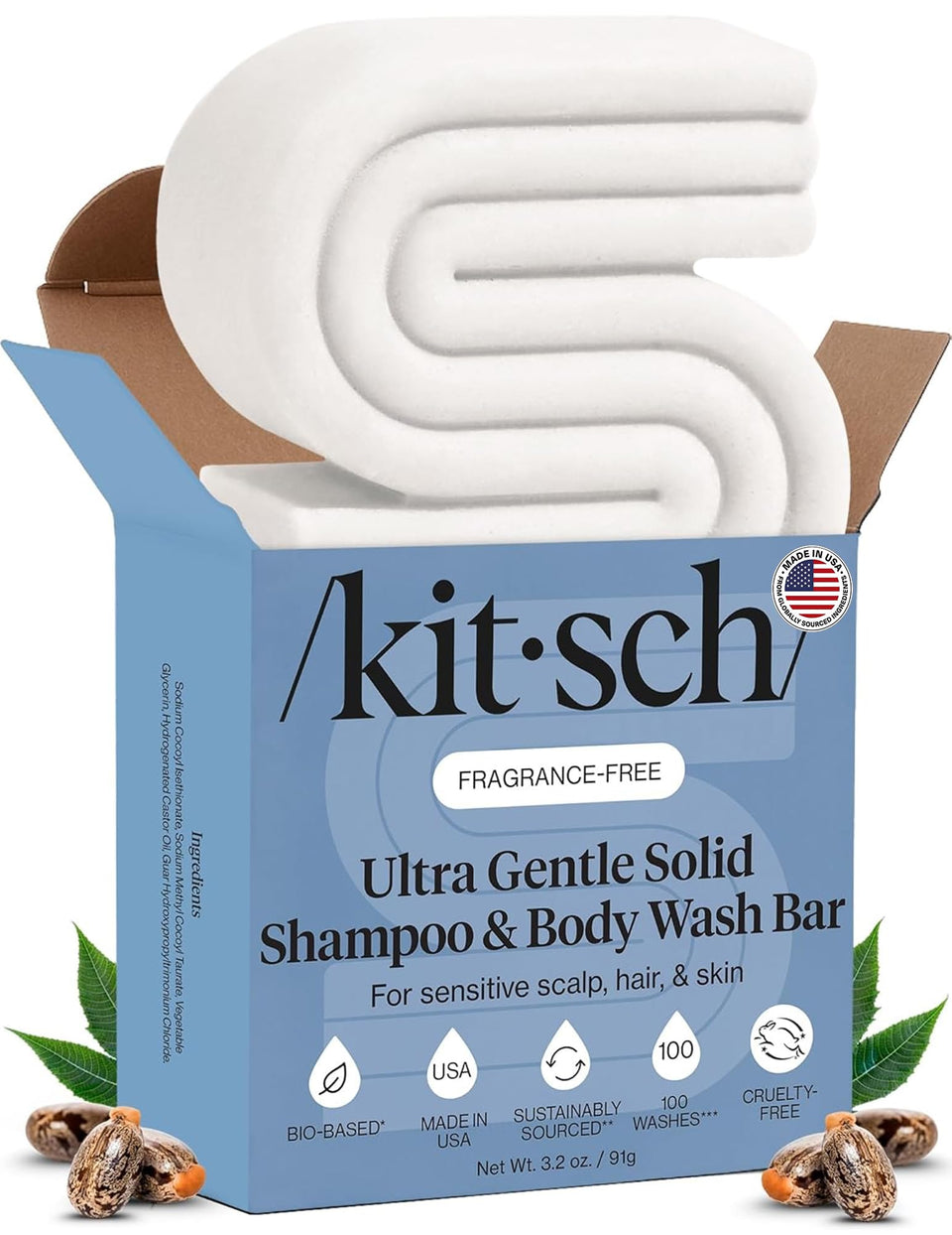 Kitsch front packaging showing ultra sensitive 2‑in‑1 bar and benefits