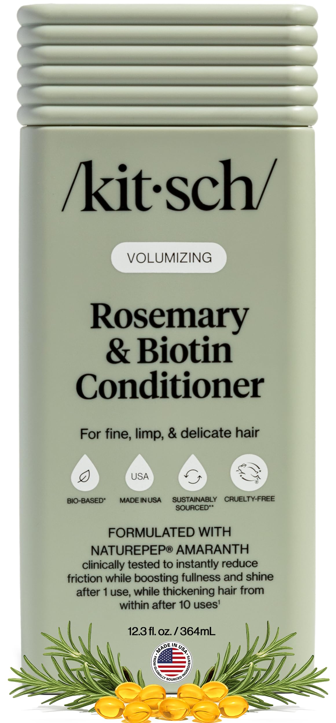 Kitsch front packaging showing volumizing rosemary biotin bottle and benefits