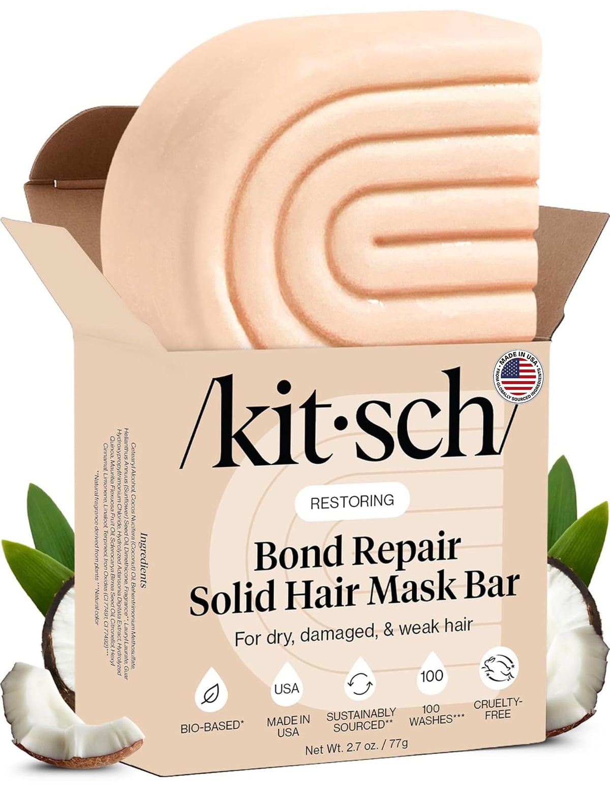 Kitsch front packaging showing compact solid hair mask and eco benefits