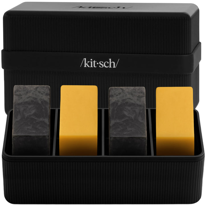 Kitsch front view of black travel soap case showing sleek compact design and protection