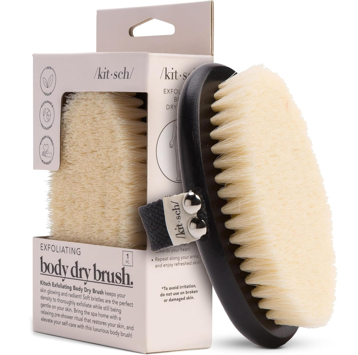 Kitsch front view of brush showing smooth wooden base and soft bristles for gentle exfoliation