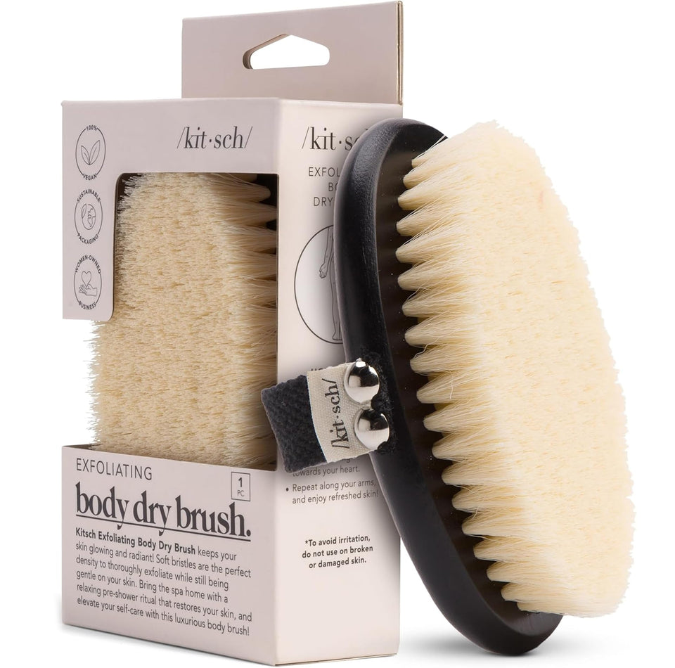 Kitsch front view of brush showing smooth wooden base and soft bristles for gentle exfoliation
