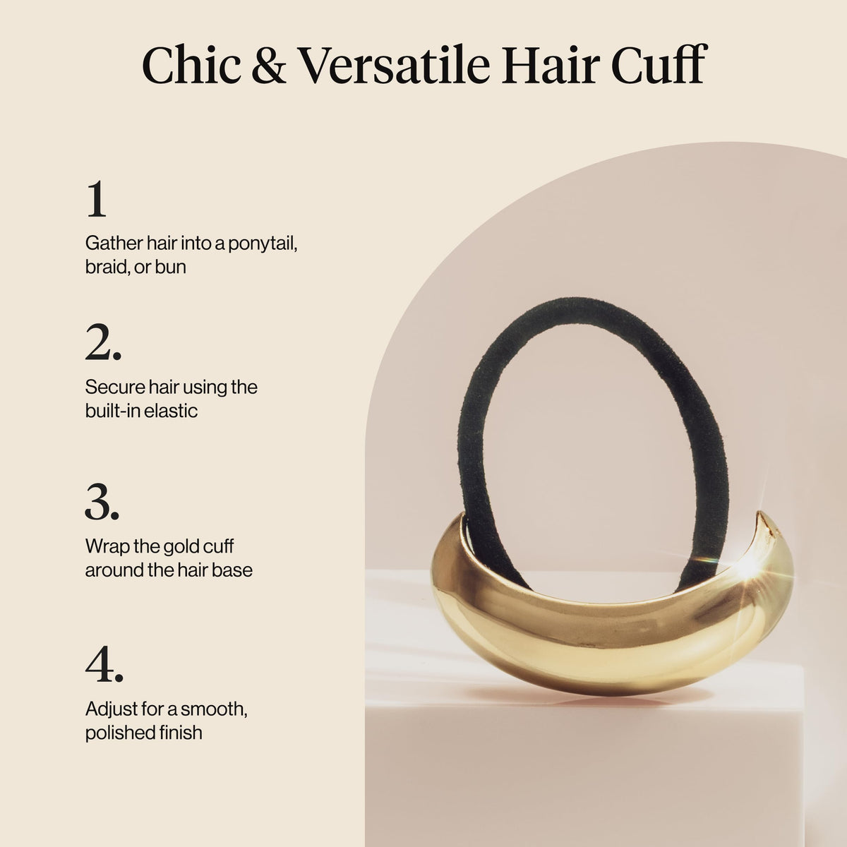 Kitsch gold hair cuff beside a hand to show scale and portability