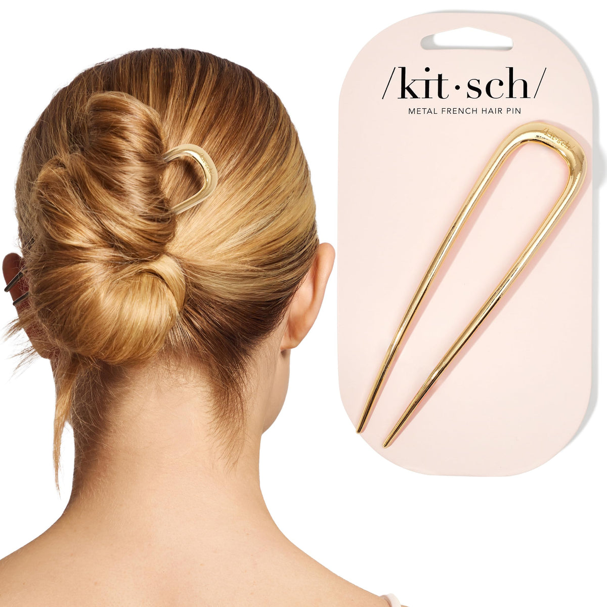 Kitsch gold hair pin front view showing sleek finish and refined look