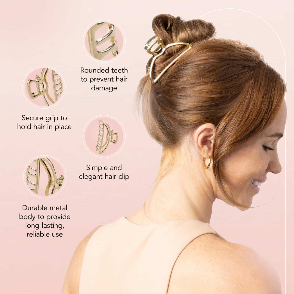 Kitsch clip worn in hair creating a tidy updo for comfortable all-day wear