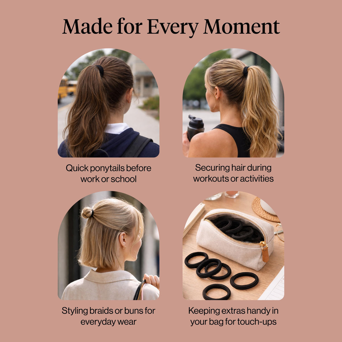 Kitsch eight hair ties arranged to show quantity and durable design