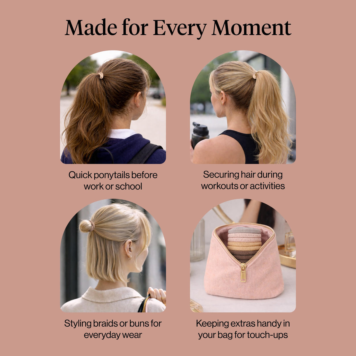 Kitsch hair ties in gym bag showing travel-ready convenience and durability benefit