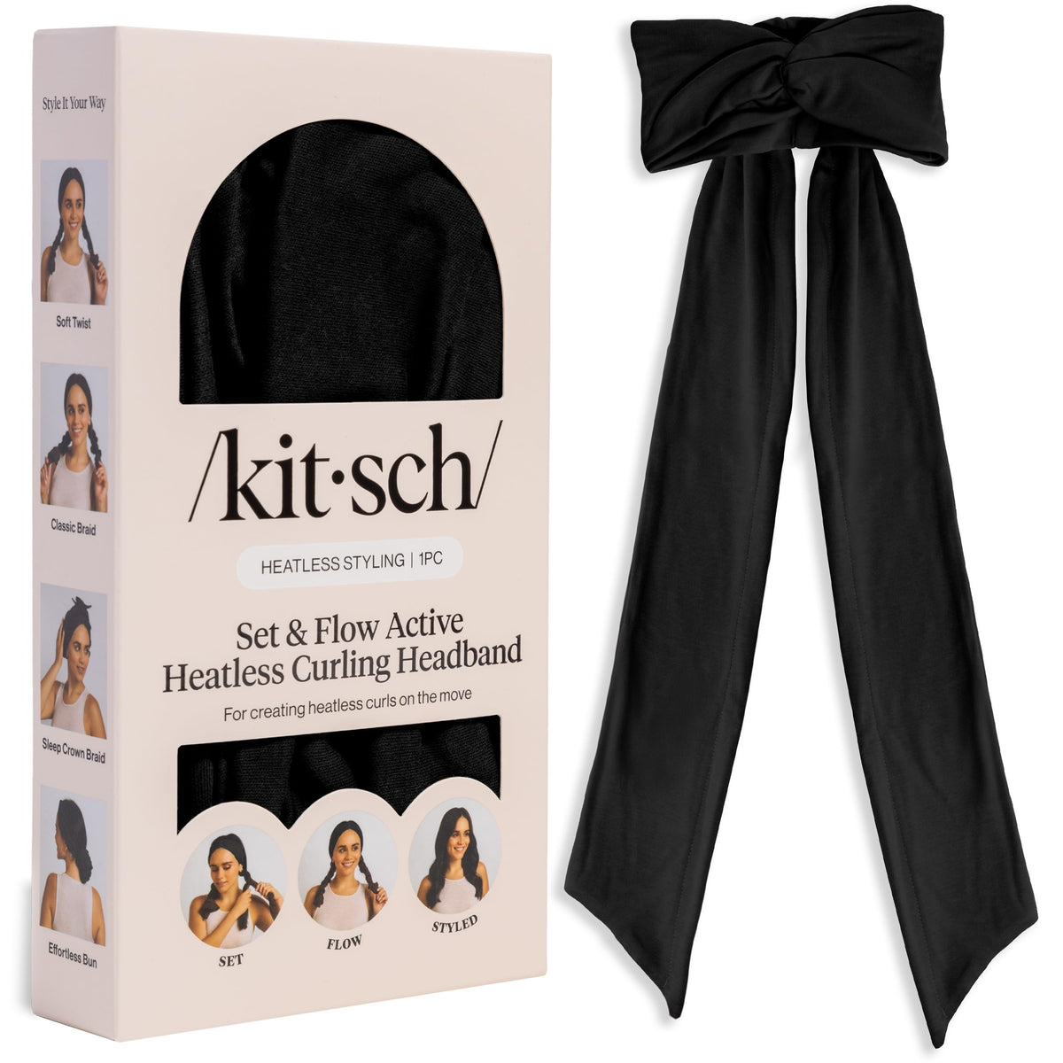 kitsch headband front packaging showing sleek black headband and branding for easy styling