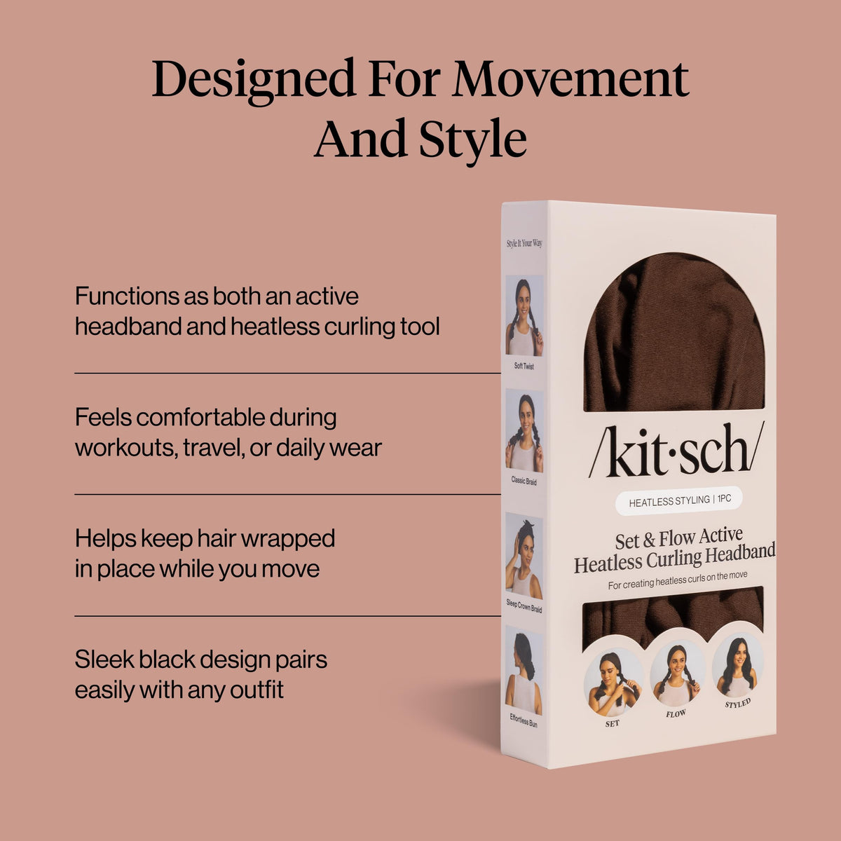 Kitsch headband side profile worn during activity for stable, comfortable styling