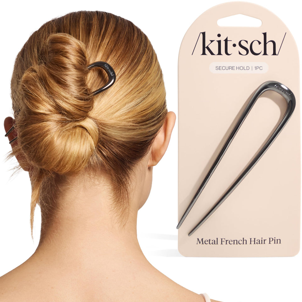 Kitsch hematite hair pin front view shows sleek finish and secure hold