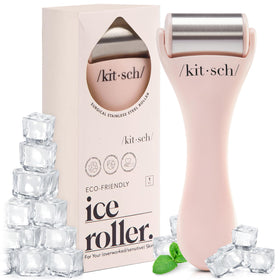 Kitsch ice roller front view showing pink handle and chilled head for instant depuffing