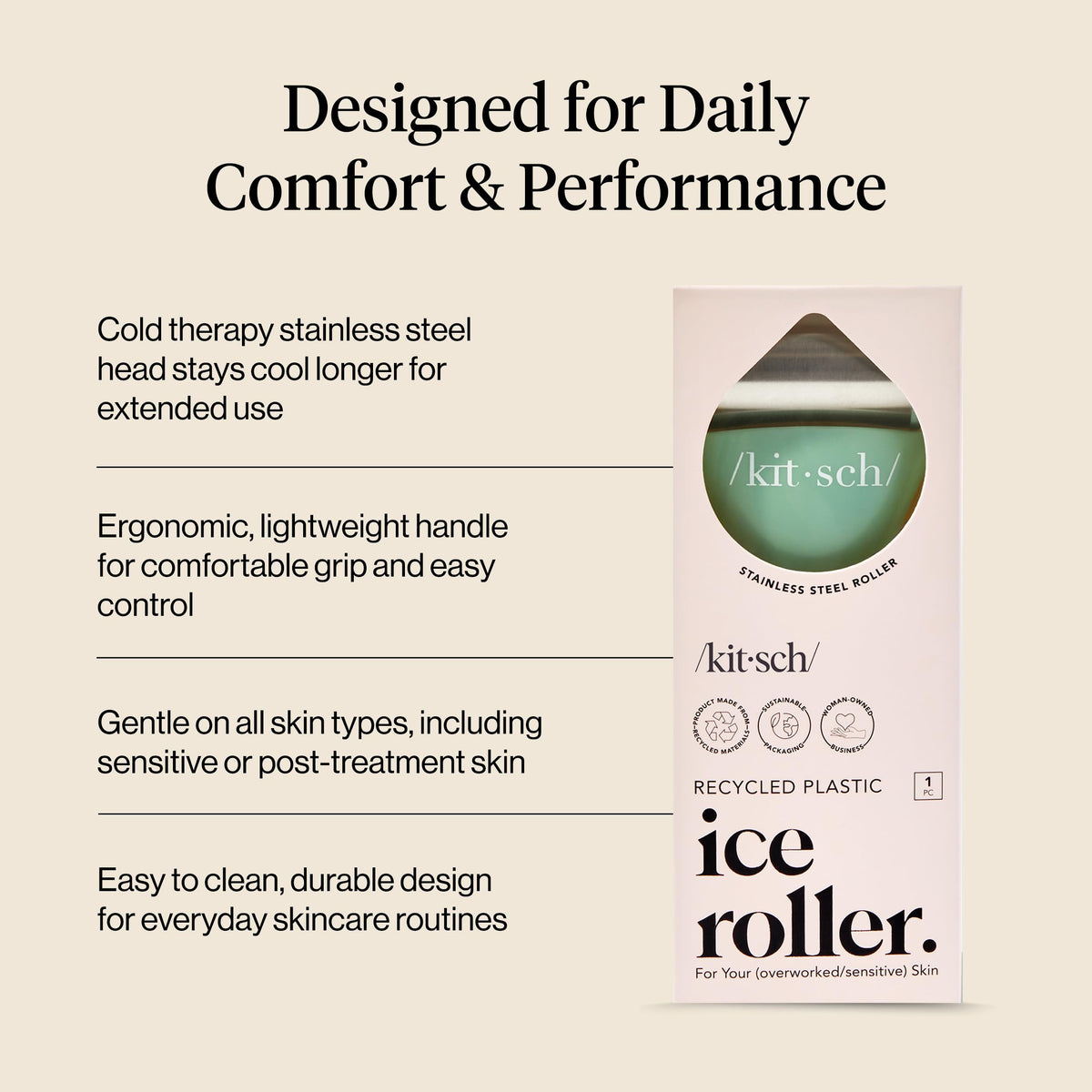 Kitsch ice roller handle detail showing grip and durable branding for easy use