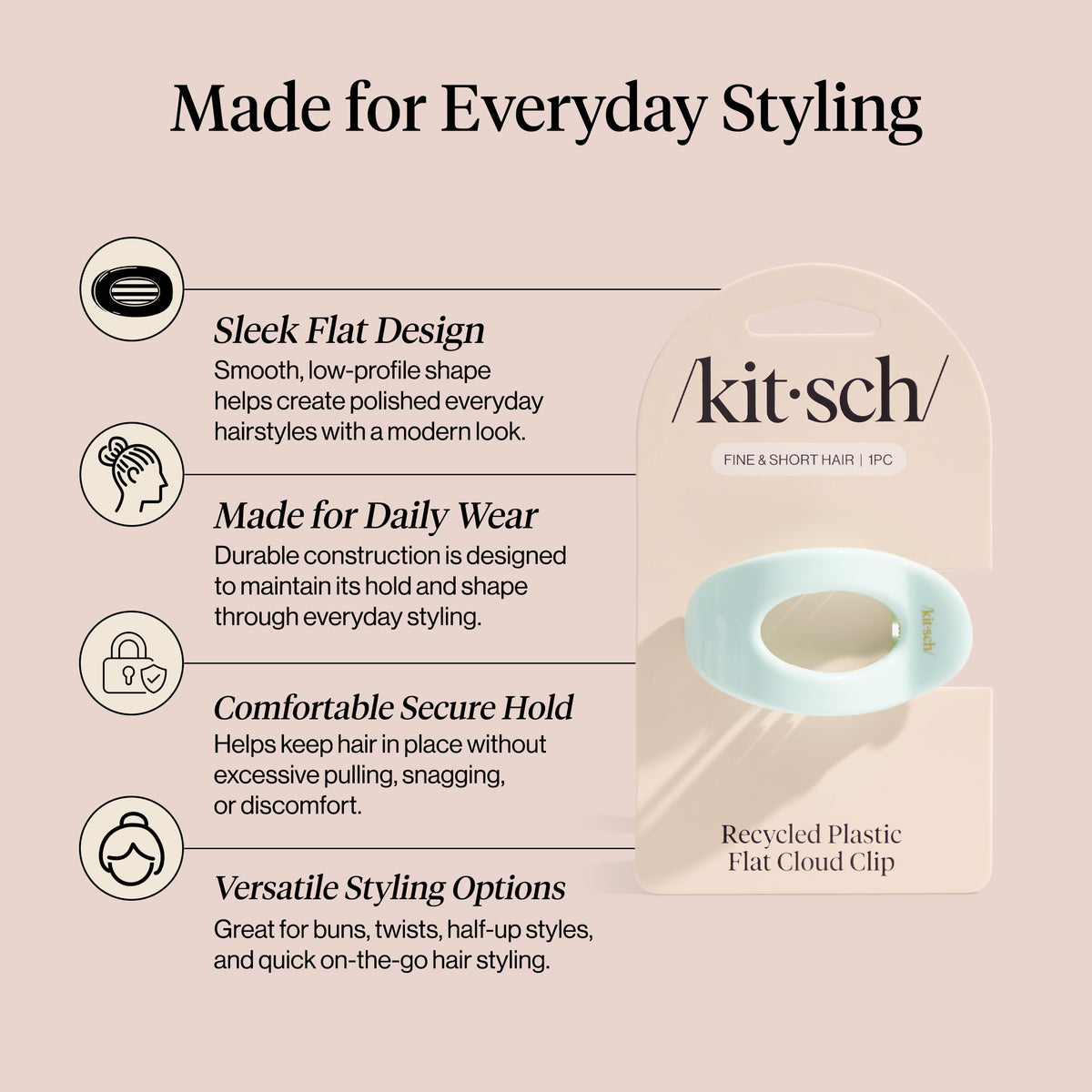 Kitsch in hair half-up style demonstrating secure, sleek everyday look