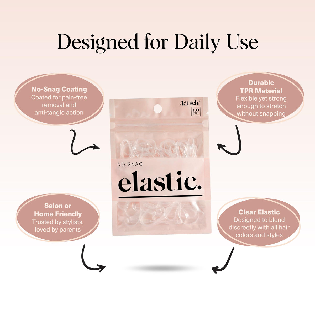 Kitsch elastic in a ponytail on hair showing secure gentle hold