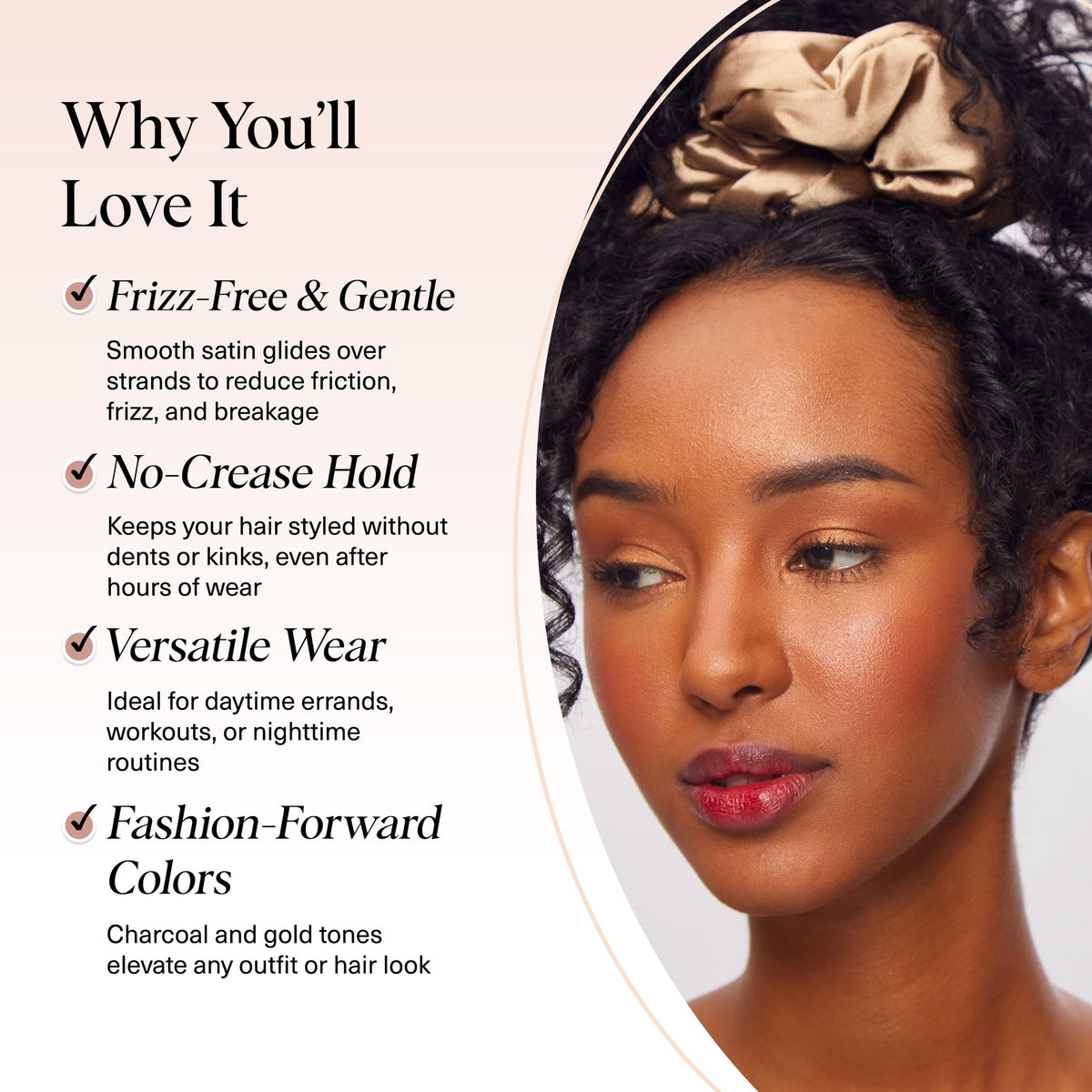 Kitsch scrunchie securing a ponytail, gentle hold without creases