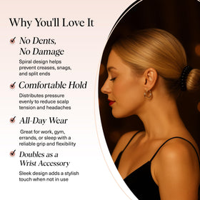 Kitsch hair tie securing ponytail, demonstrating strong hold without creases