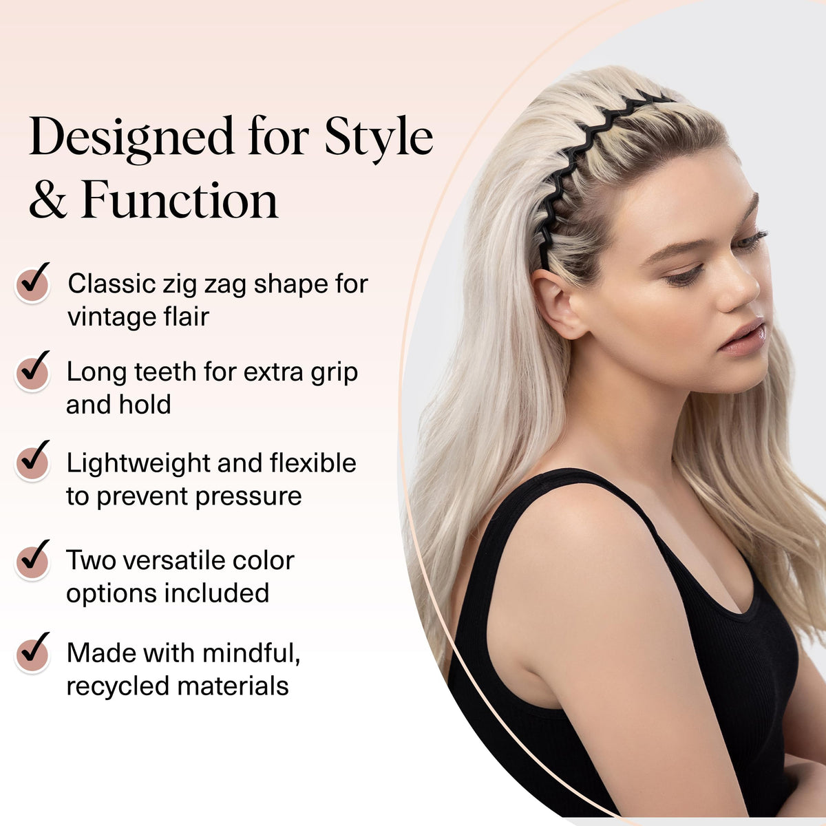 Kitsch headband worn in a slicked-back hairstyle showing polished hold benefit