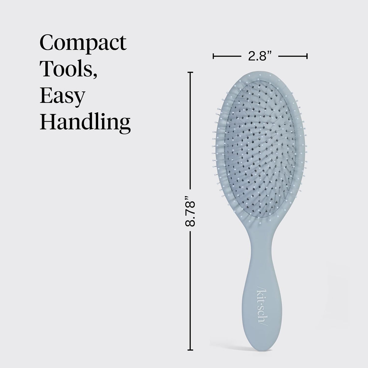 Kitsch brush shown in hand for scale, compact and travel-friendly benefit