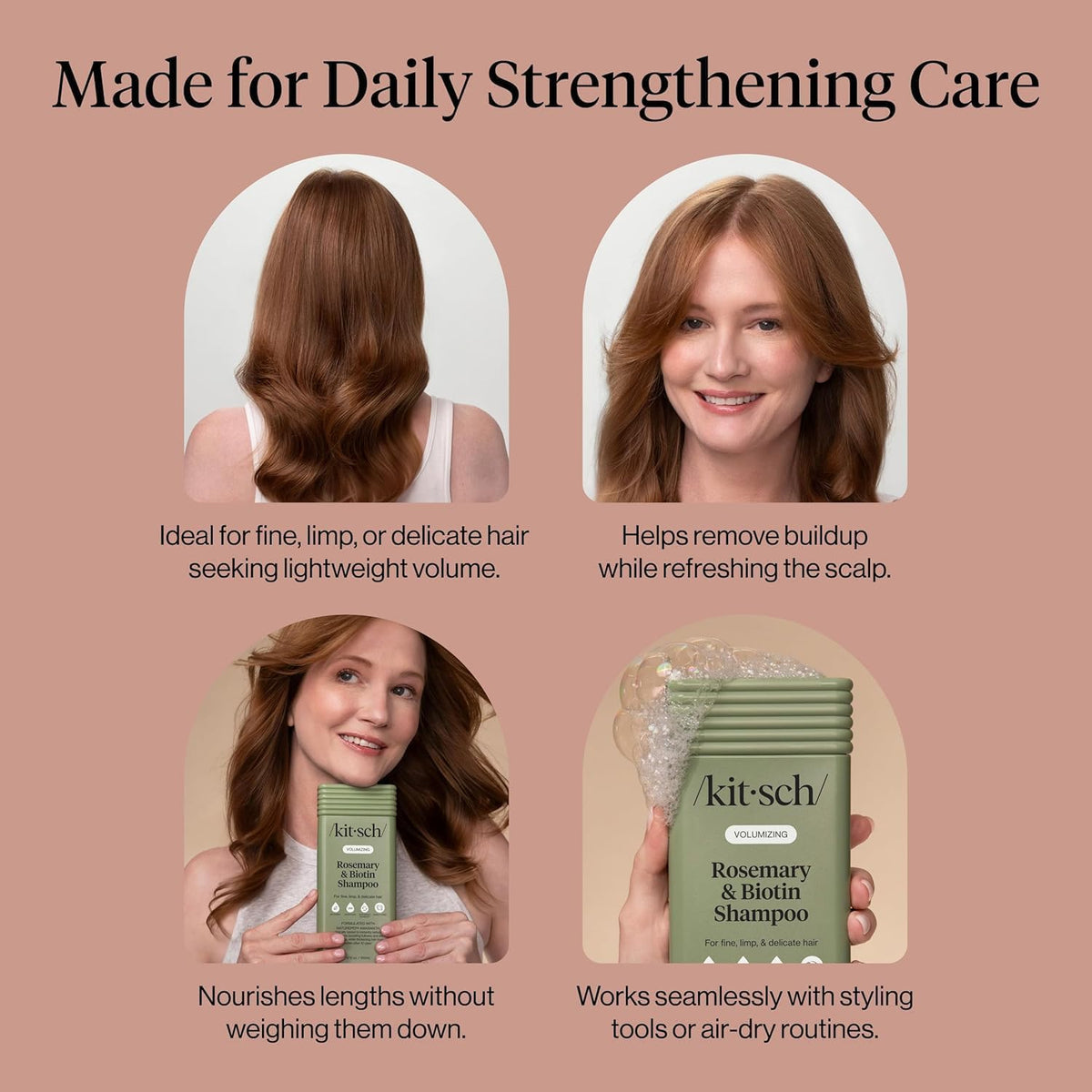 Kitsch shampoo being massaged into scalp showing refresh and volume