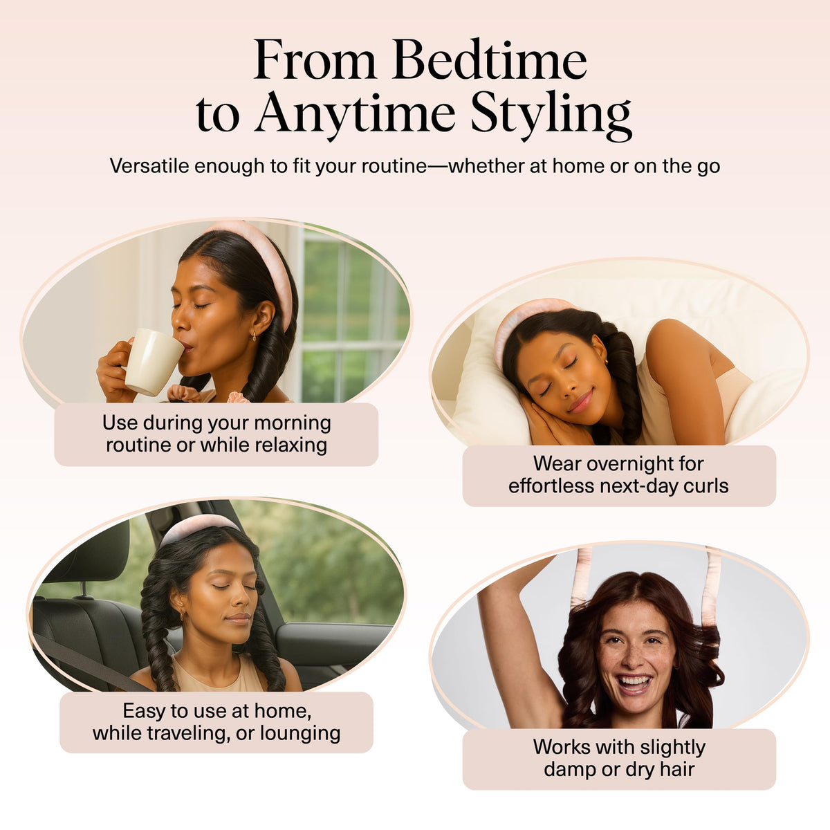 Kitsch in-use overnight in bedroom setting, comfortable sleep styling and frizz control