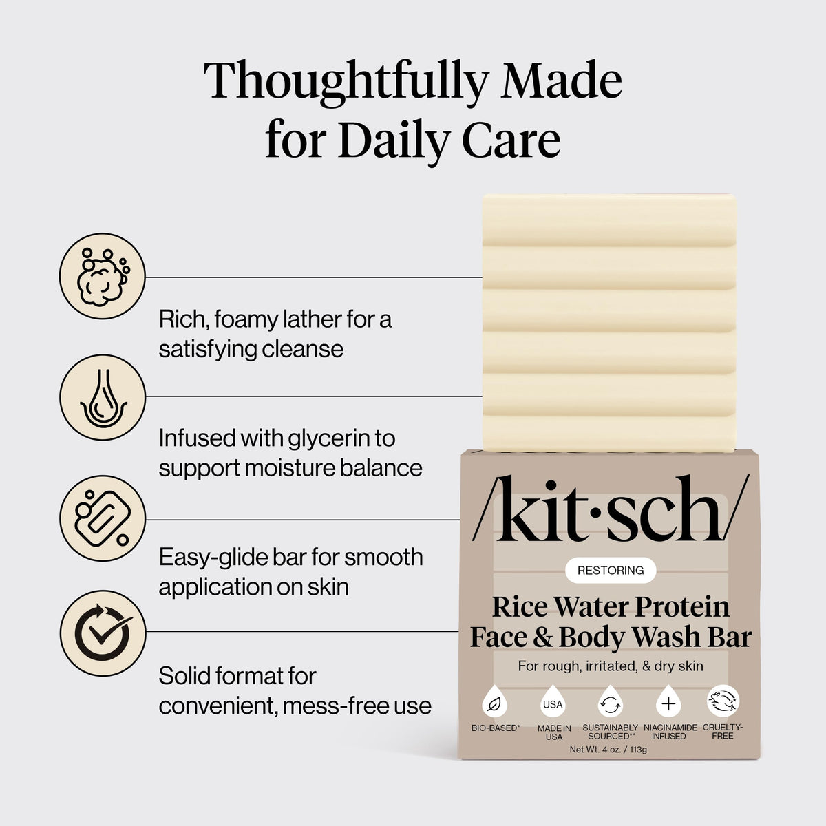 Kitsch label close-up showing niacinamide and oat peptides benefit