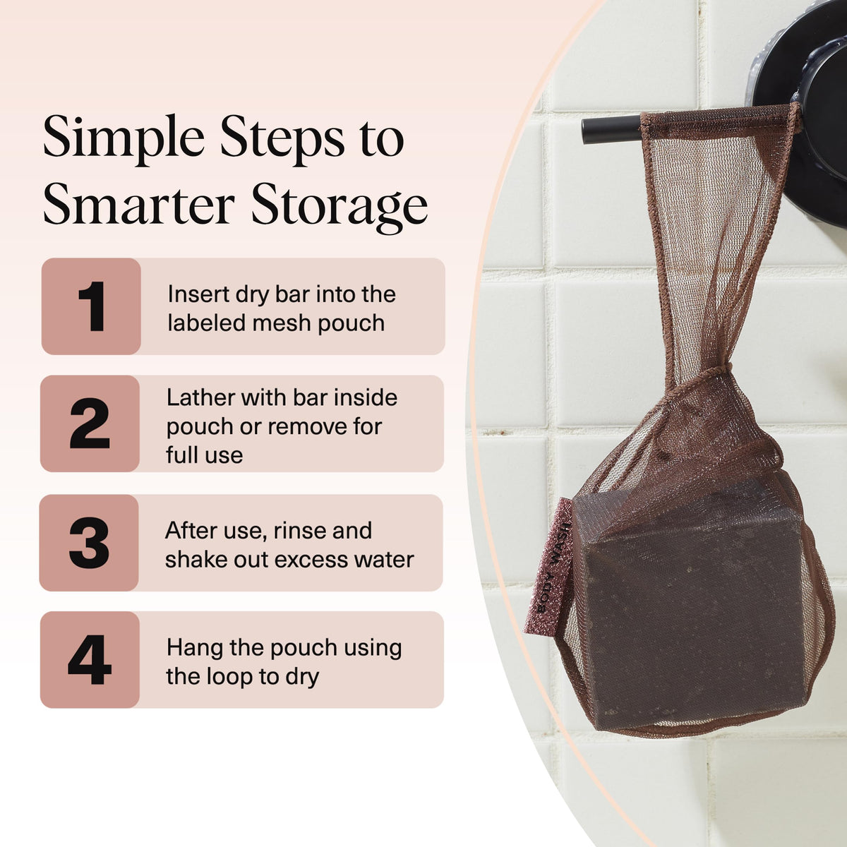 Kitsch pouch creating rich lather from a body bar to boost sudsing efficiency
