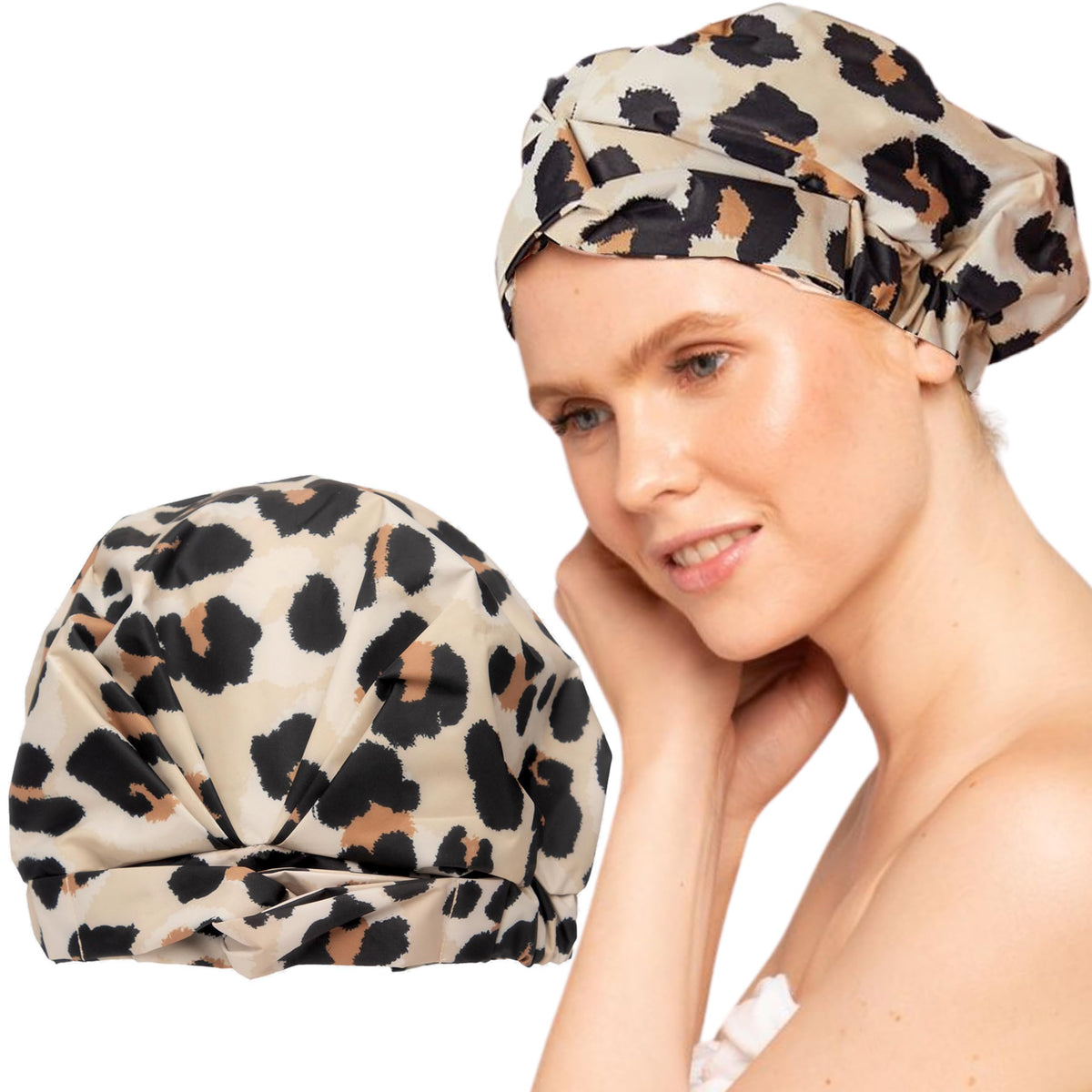 Kitsch leopard shower cap front packaging showing design and protection