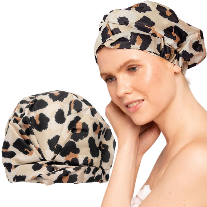 Kitsch leopard shower cap front packaging showing design and protection