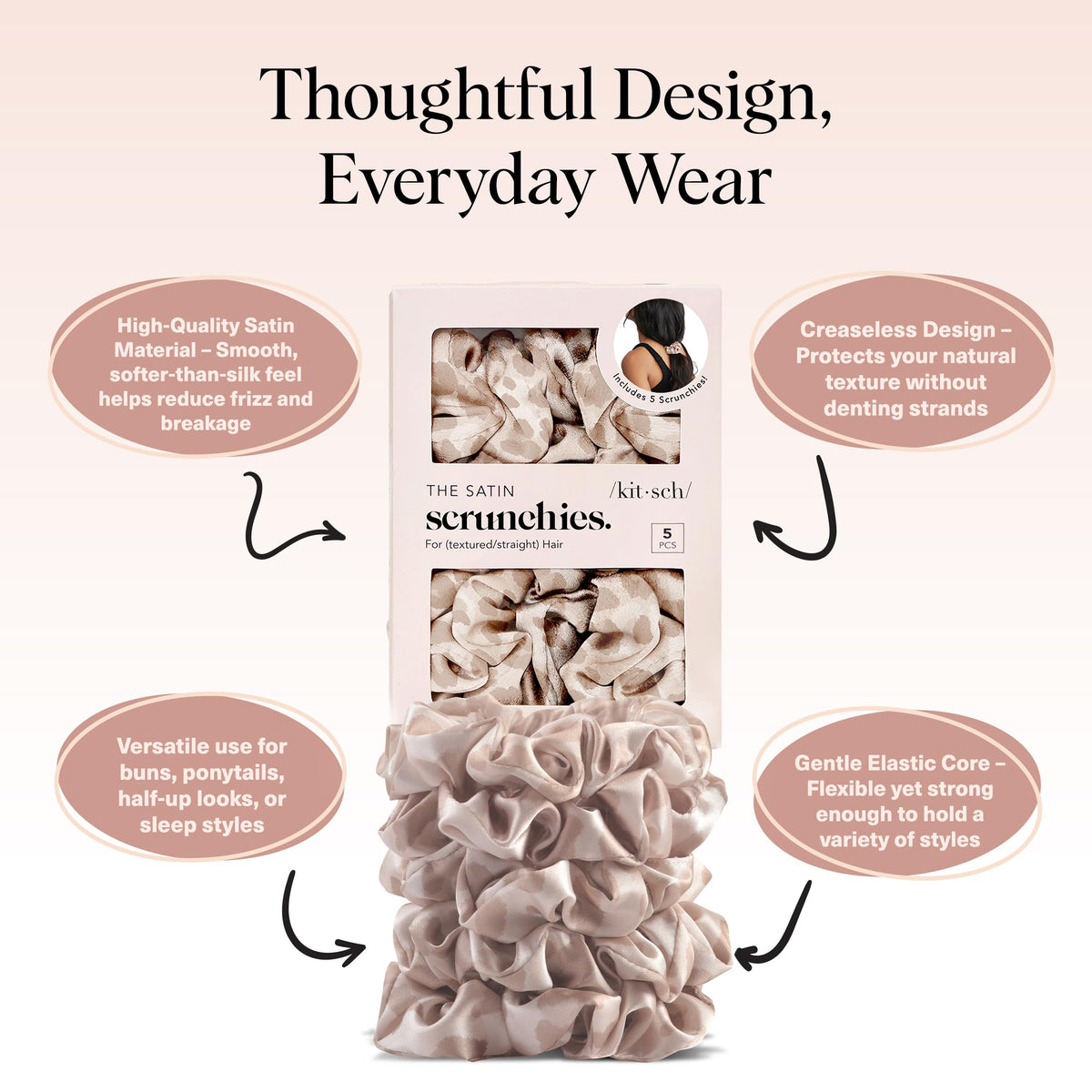 Kitsch scrunchie securing a high ponytail for reliable hold