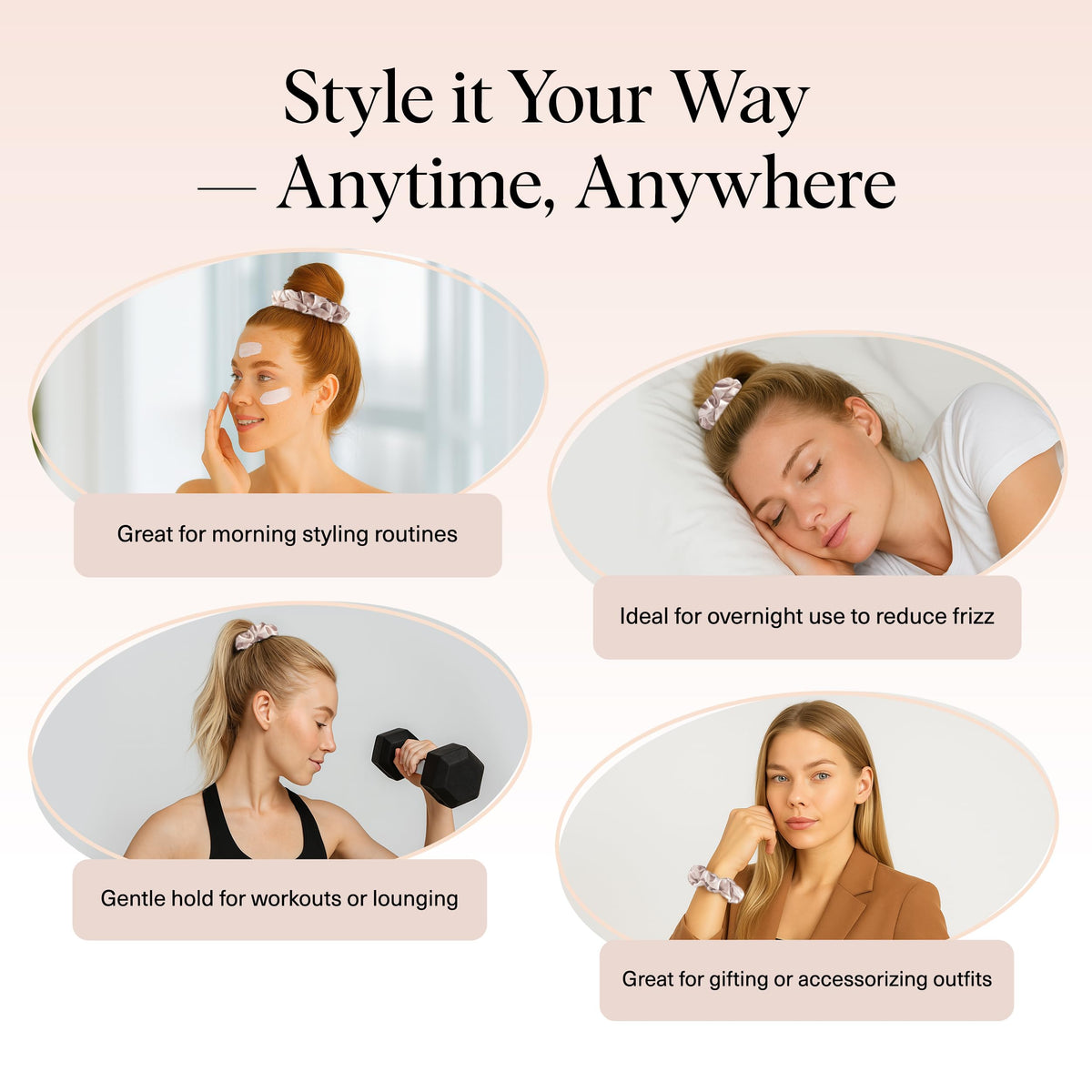 Kitsch scrunchie in a low bun showing gentle, non-damaging grip