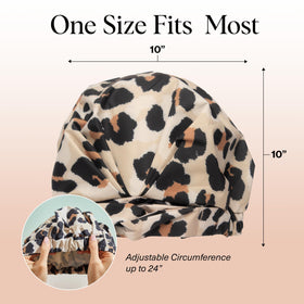 Kitsch leopard cap worn by model with long hair preserving style