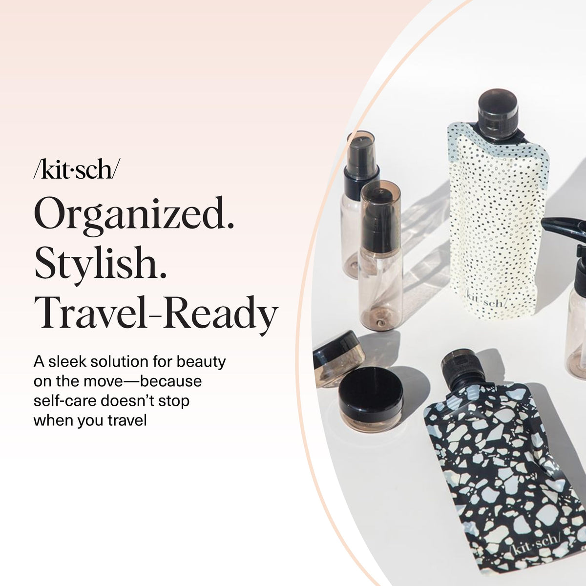 Kitsch lifestyle image on bathroom counter showing stylish, travel-ready toiletry setup