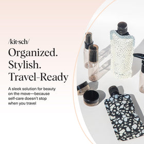 Kitsch lifestyle image on bathroom counter showing stylish, travel-ready toiletry setup
