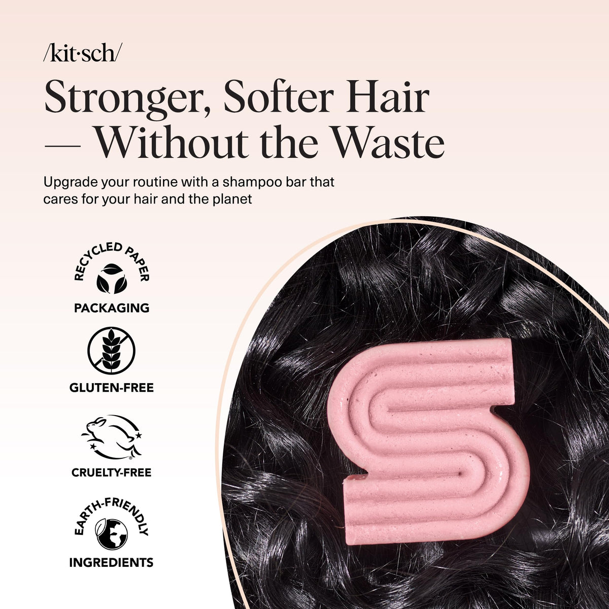 Kitsch shampoo bar in bathroom setting promoting sustainable beauty routine