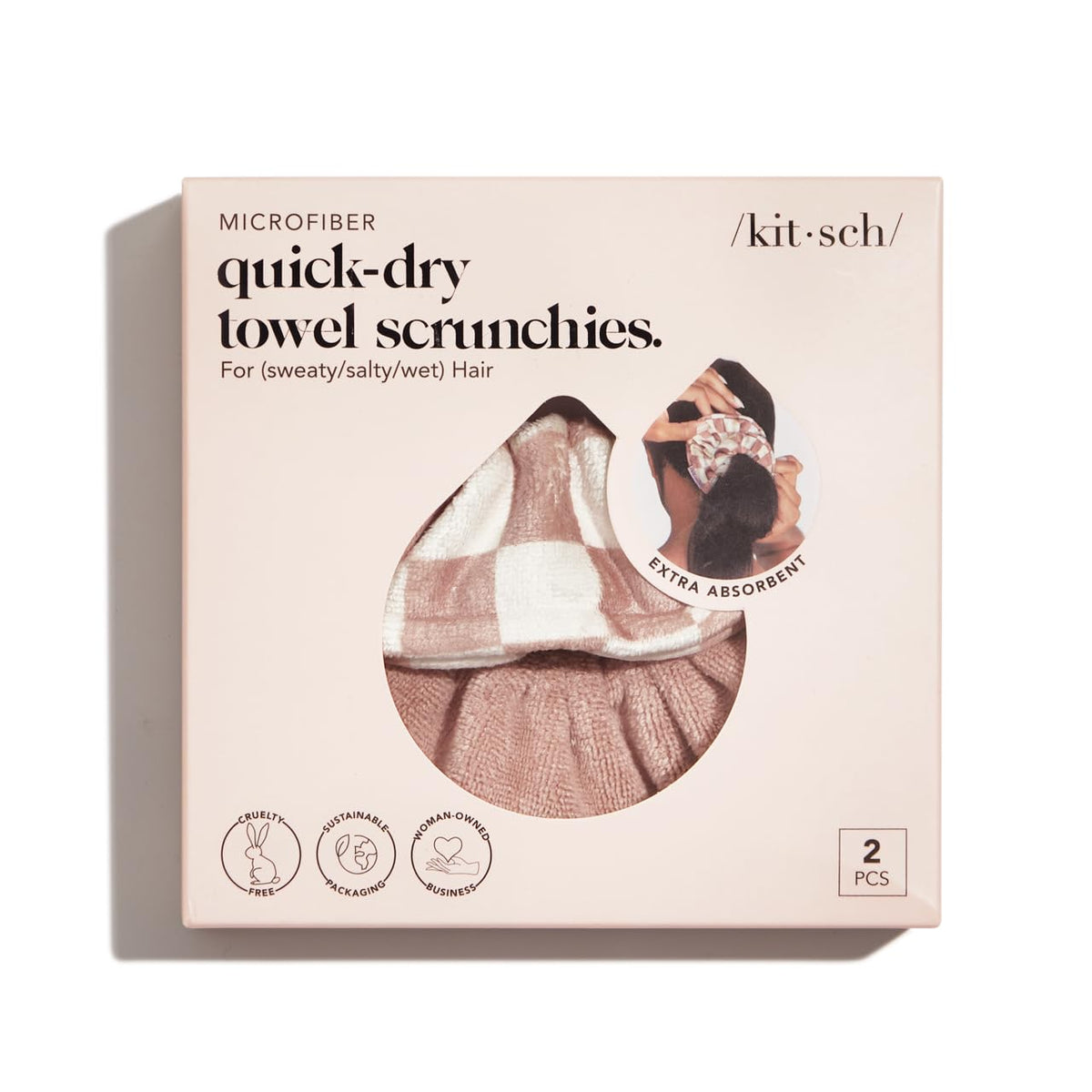 Kitsch scrunchies styled on a bathroom shelf, suggesting spa-like convenience and style