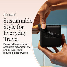 Kitsch lifestyle travel packing scene showing tidy toiletry organization on the go