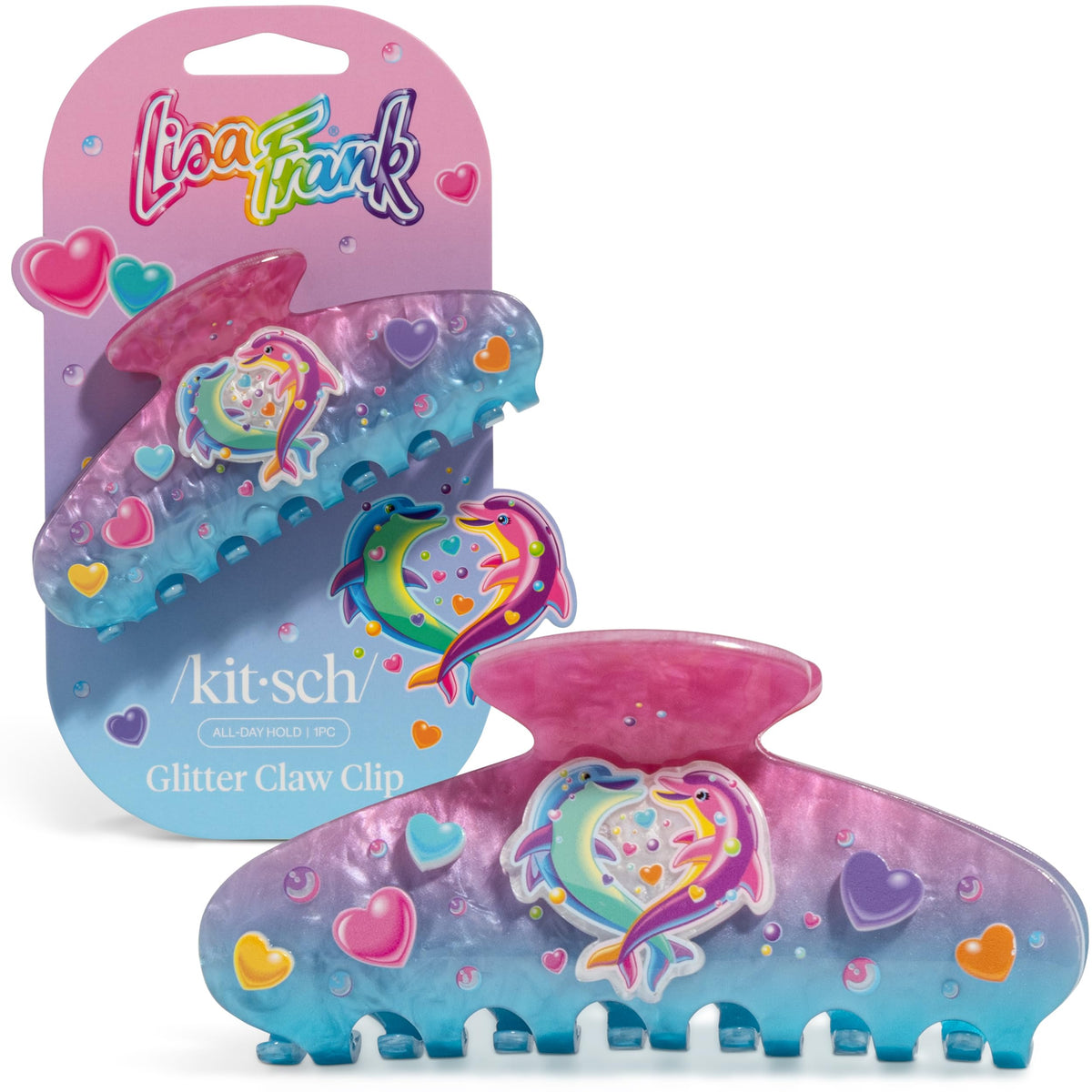 Kitsch Lisa Frank front view showcasing dancing dolphins and glitter shine for playful styling