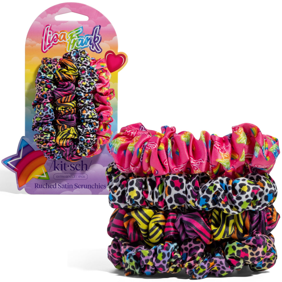 Kitsch Lisa Frank front packaging showing four Rainbow Leopard scrunchies, gift-ready