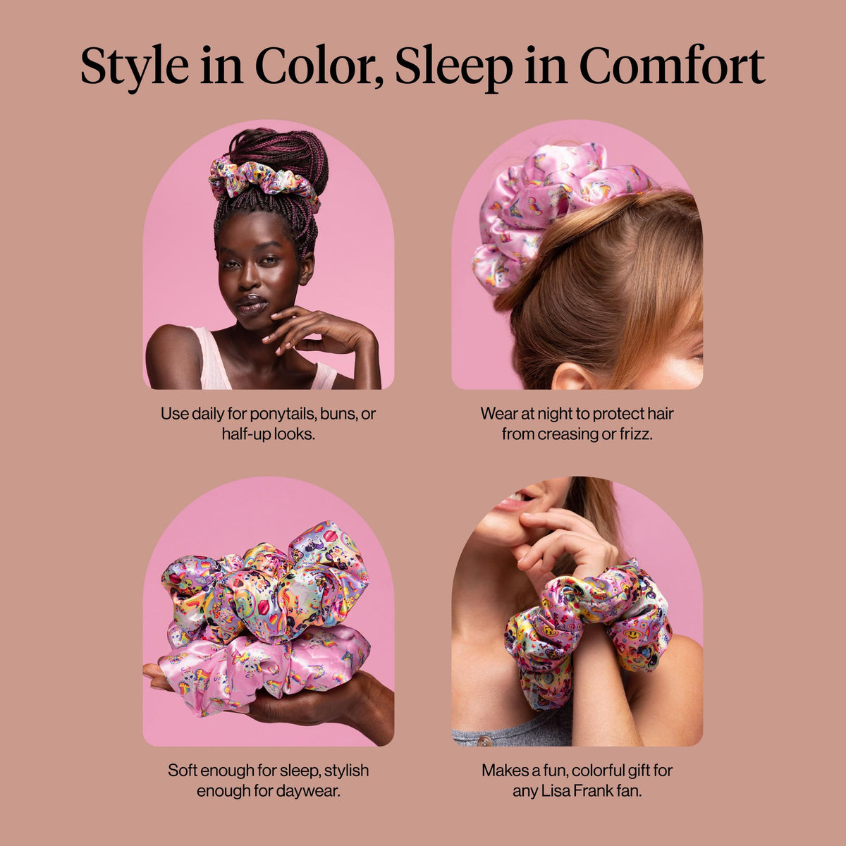 Kitsch Lisa Frank scrunchie styled in streetwear look adding playful color accent
