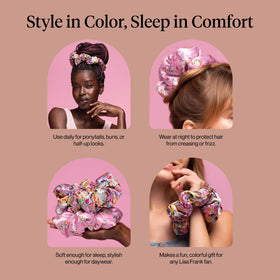 Kitsch Lisa Frank scrunchie styled in streetwear look adding playful color accent