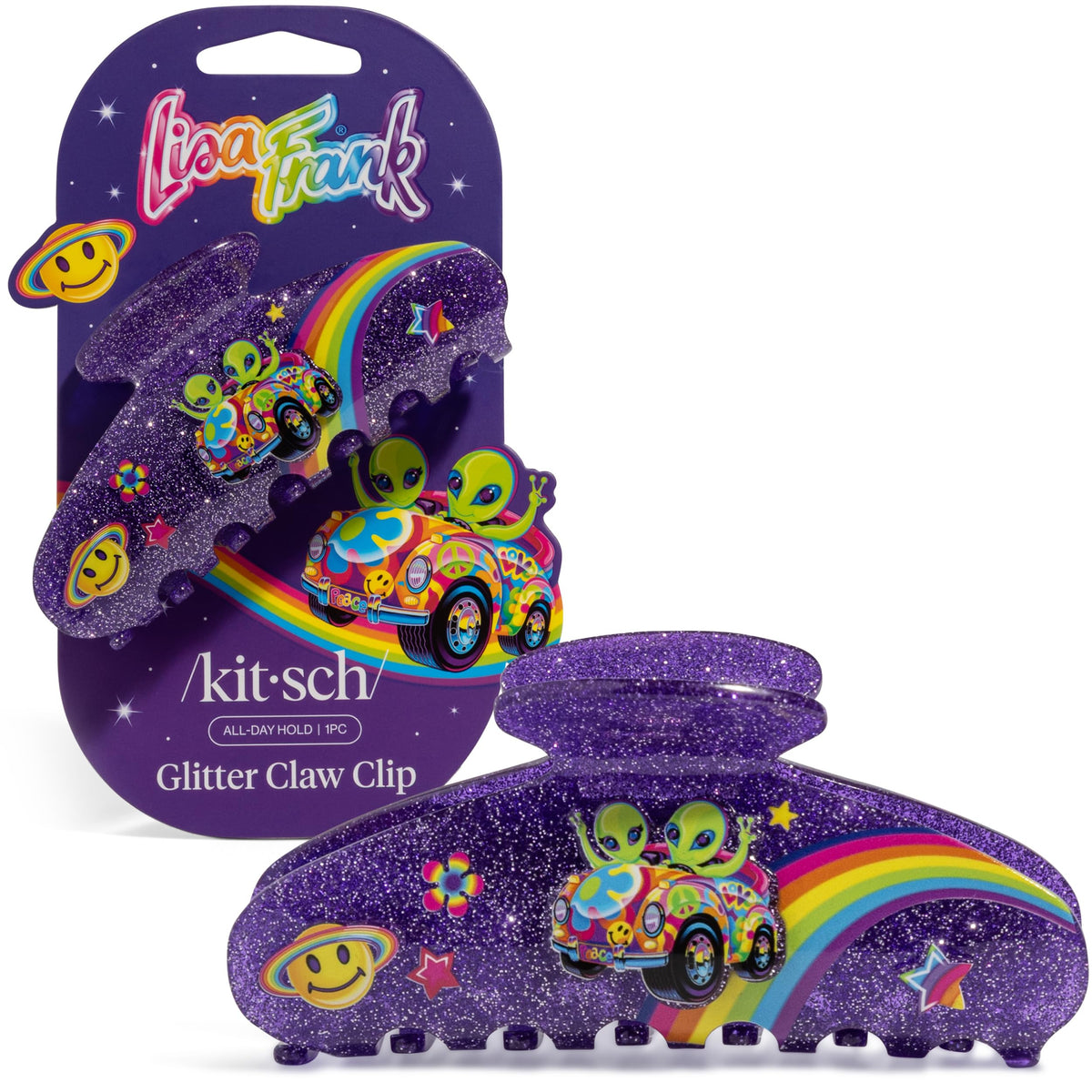 Kitsch Lisa Frank front view of purple glitter clip showing colorful design and hold