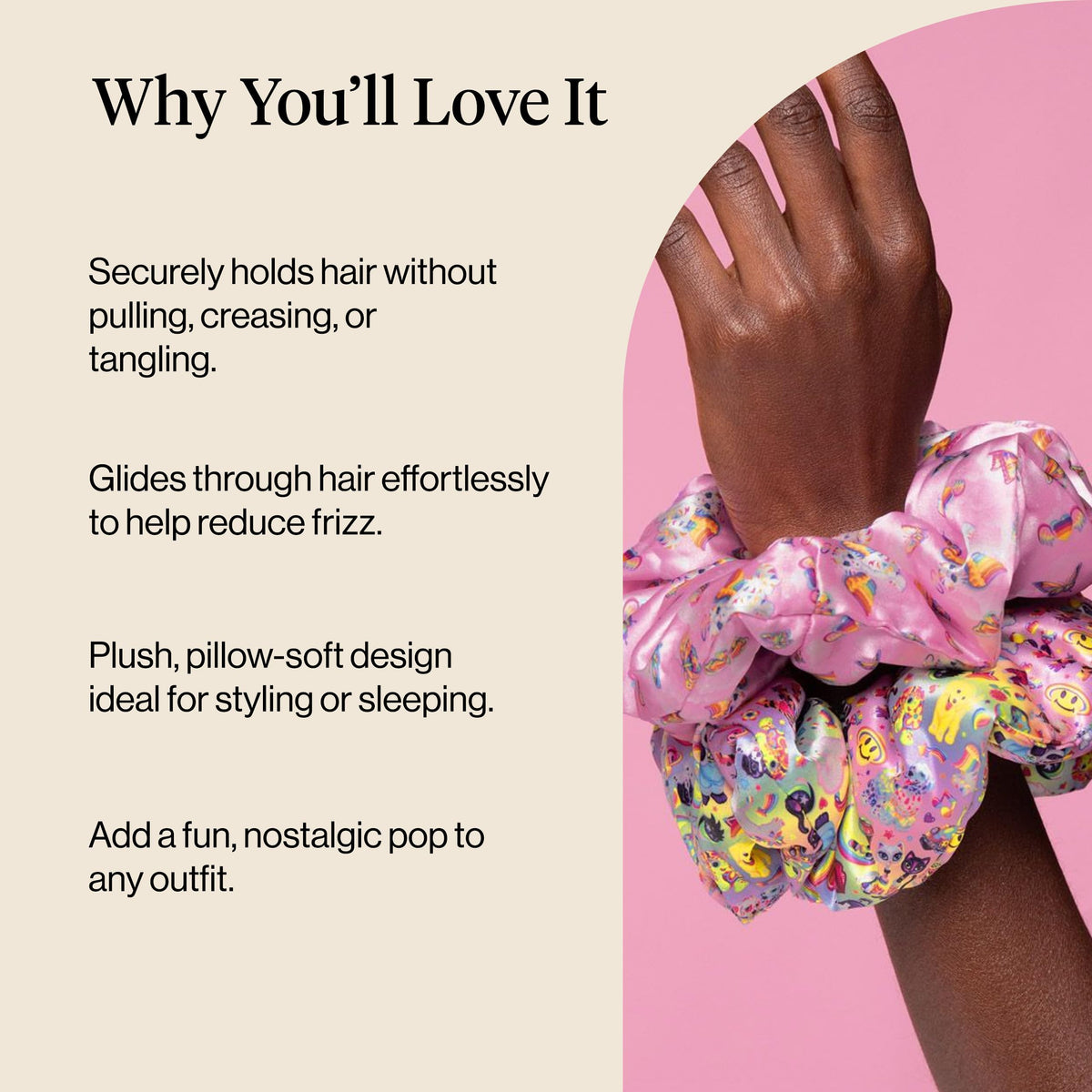 Kitsch Lisa Frank scrunchie in a high ponytail demonstrating secure, no-crease hold