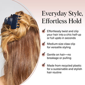 Kitsch medium clip securing a half-up hairstyle showing versatility and gentle comfort