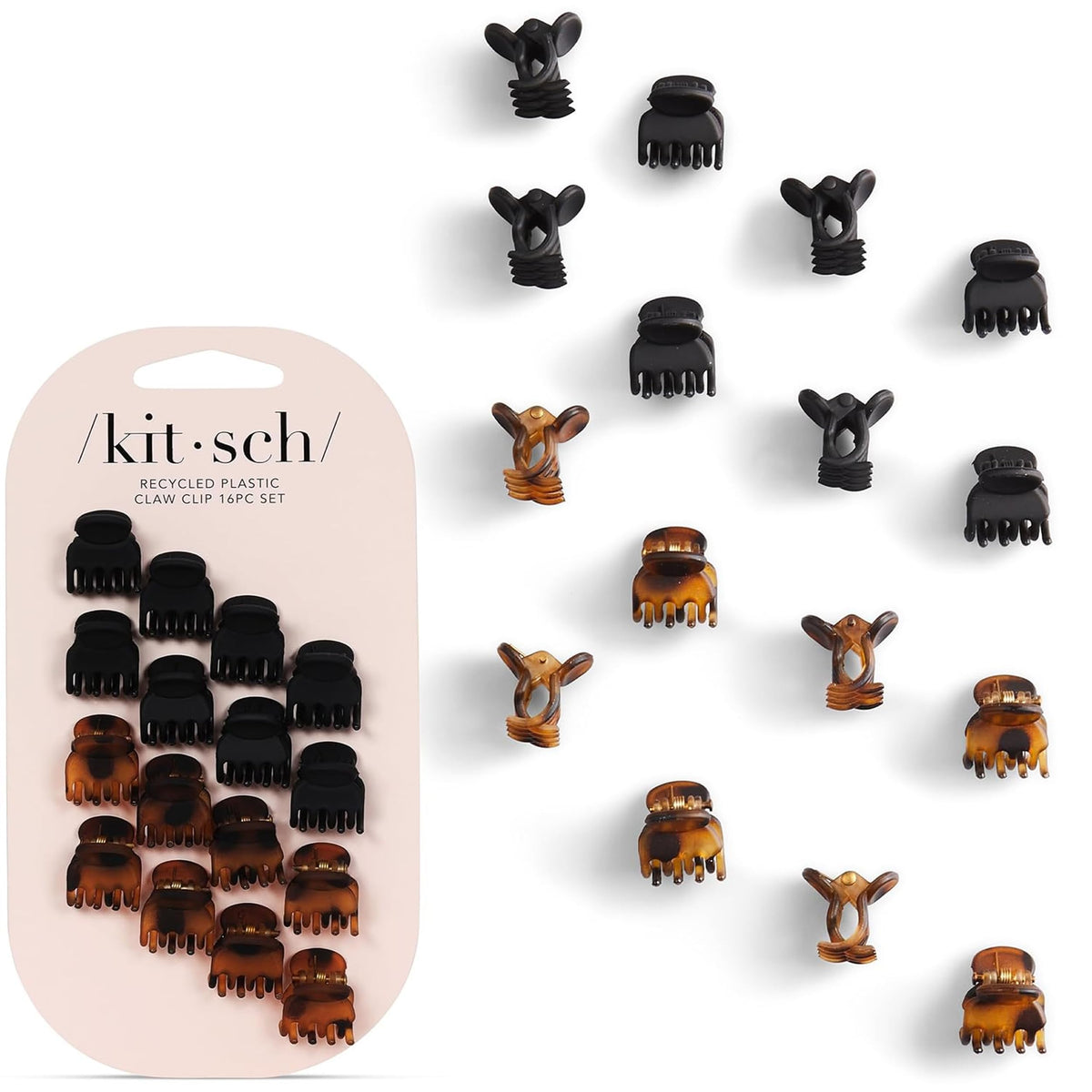Kitsch front packaging showing 16 mini claw clips and compact design benefit