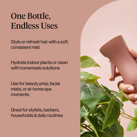 Kitsch misting a potted plant indoors to hydrate leaves evenly and support delicate plant care