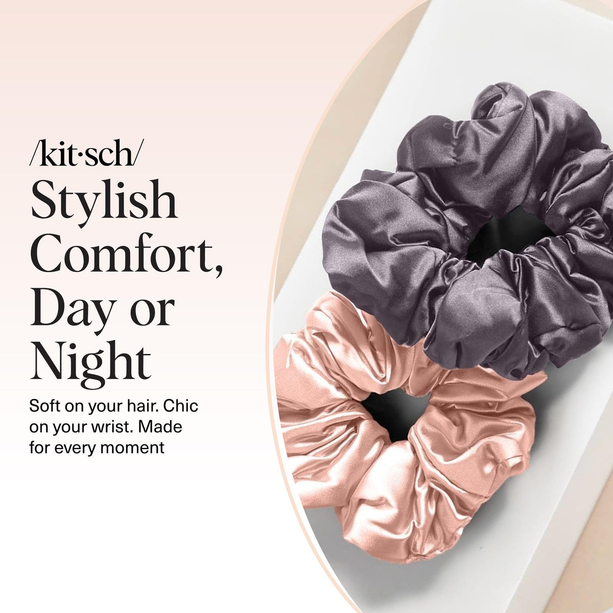 Kitsch scrunchie on pillow at night, gentle for overnight protection