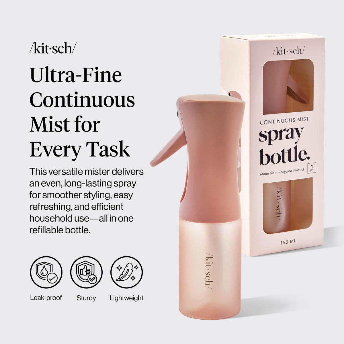 Kitsch close-up of nozzle producing ultra-fine mist for even hair coverage and clog-resistant performance