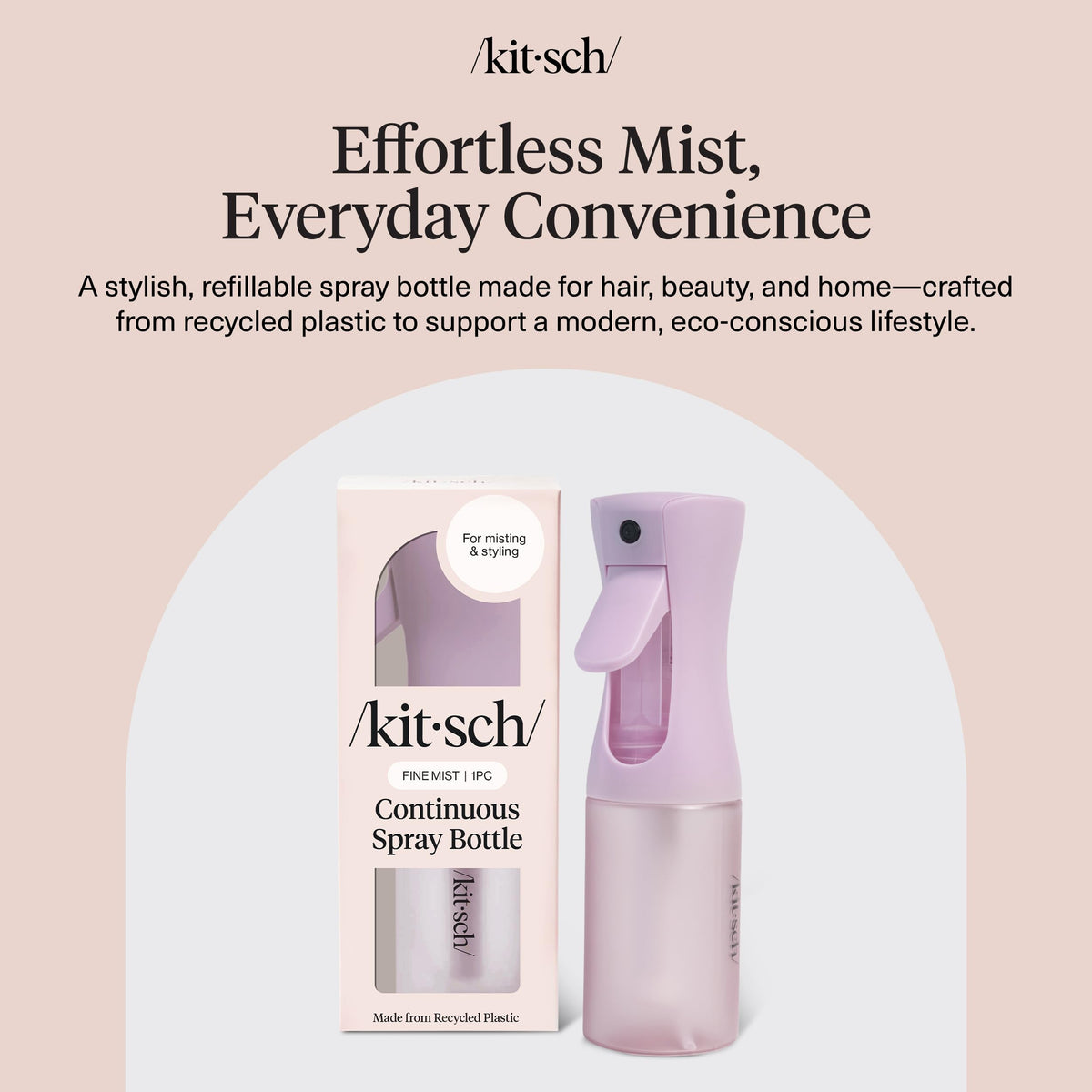 Kitsch close-up of ultra-fine nozzle highlighting even mist coverage benefit